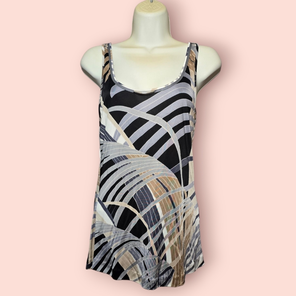 Badgley Mischka Abstract Print Dress Casual Tank Top Women's Large Black/Silver